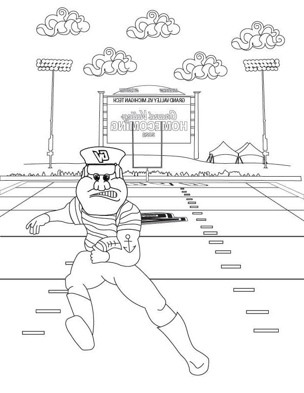 Coloring page of Louie the Laker playing football.